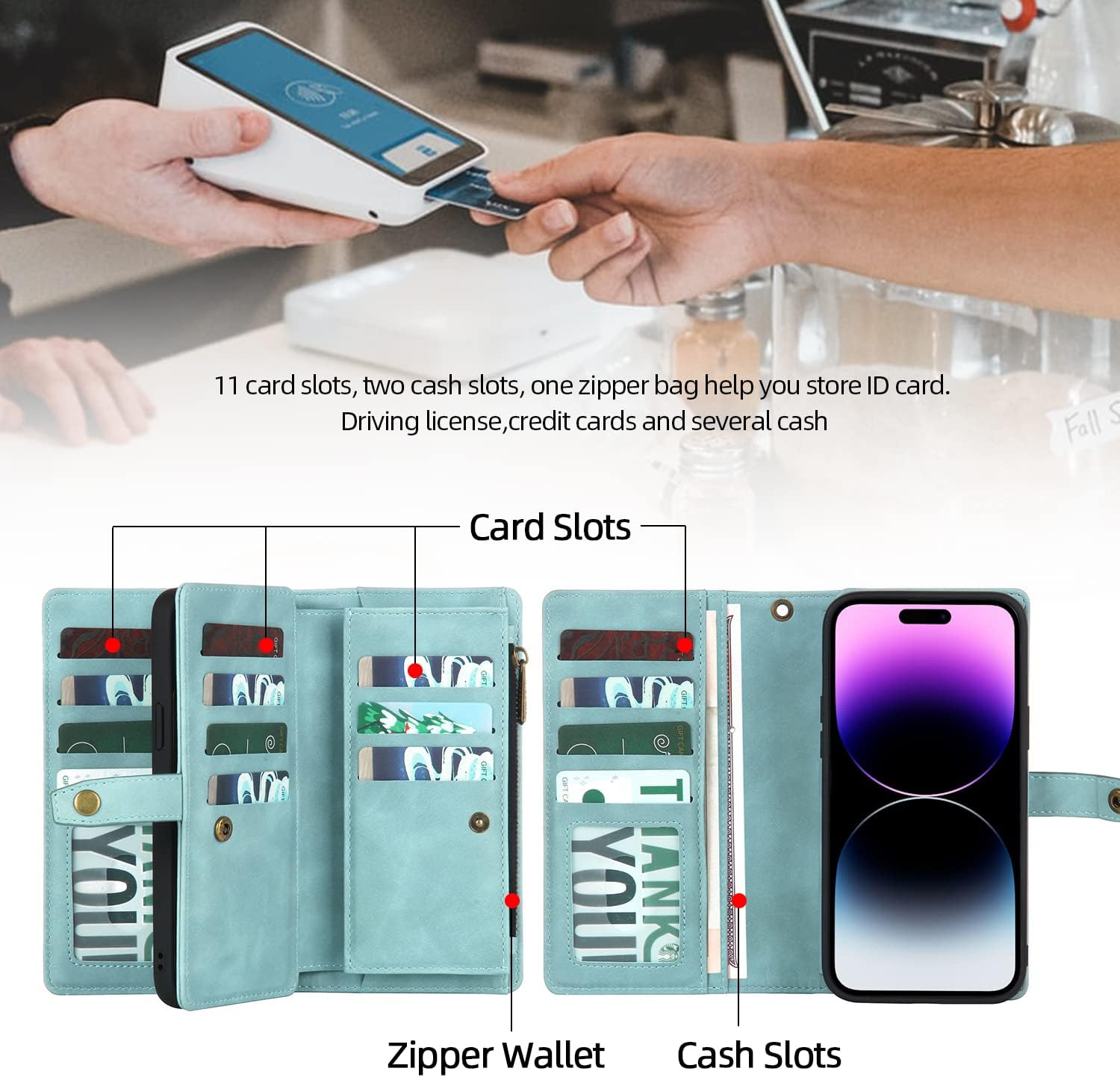 TwoHead for iPhone 14 Pro Max Wallet Case with Card Holder&PU Leather Wallet, Detachable Magnetic Phone Case for Women/Men (Blue) - Image 6