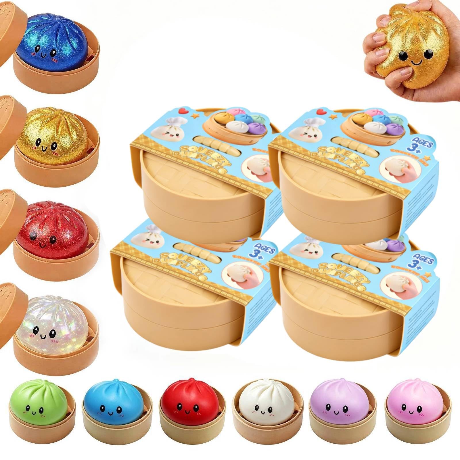 Random Dumpling Squishy Box, Glitter Dumpling Squishy, 10 Colors Surprise Dumplings Squish Toys Stress Ball (Random-4pcs)