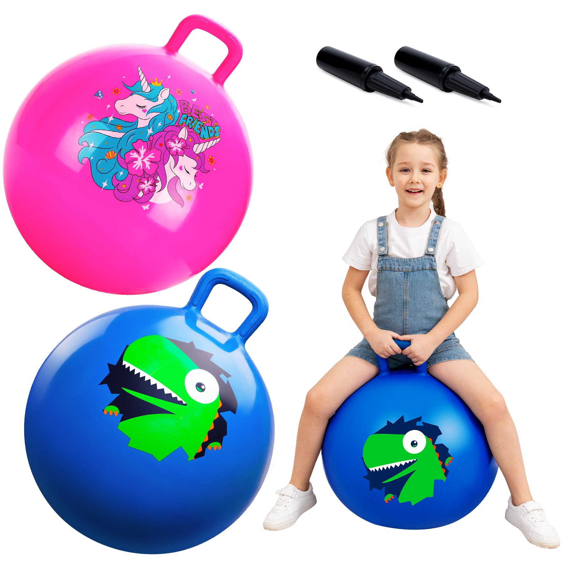 ZOOJOY Hopper Ball 2 Pack, 18 in Bouncy Ball with Handle for Kids, Unicorn & Dinosaur Girls Boys Toys for Indoor Outdoor, Best Inflatable Active Play