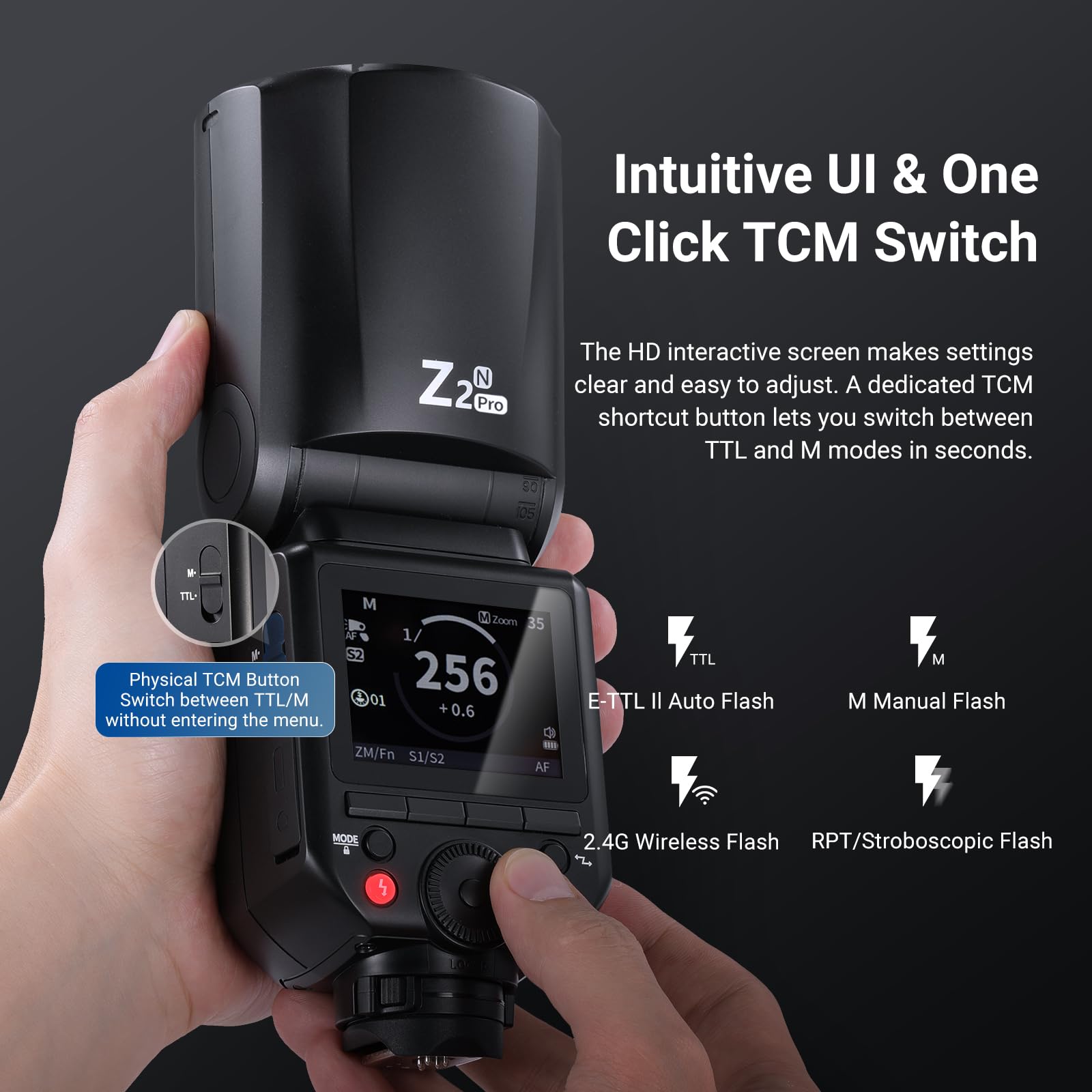 NEEWER Z2PRO-N 2.4G TTL Flash okrągła głowica Speedlite kompatybilna z Nikon, bezprzewodowa kompatybilna z Godox, 76 W 1/8000s HSS, ulepszony interfejs użytkownika, przełącznik TTL/M TCM, bateria 7,2