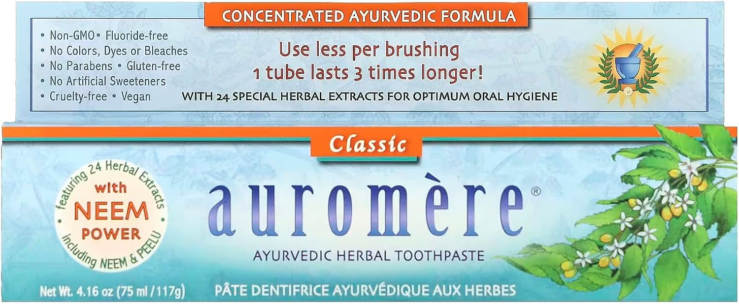 Auromere Ayurvedic Herbal Neem & Clove Toothpaste - All Natural Fluoride Free Toothpaste for Adults and Kids, Suitable for Sensitive Teeth, SLS-Free, Non GMO, Vegan, Cruelty-Free - 6 Pack