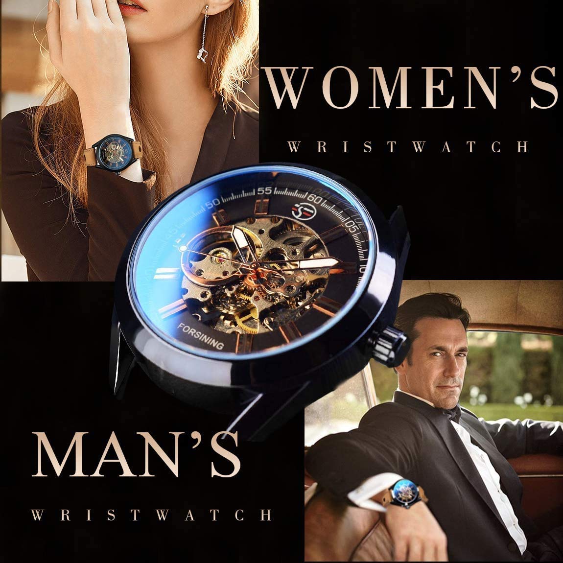 MASTOP Herren-Armbanduhr, automatisch, mechanisch, luxuriös, offenes Design, selbstaufziehend, Leder