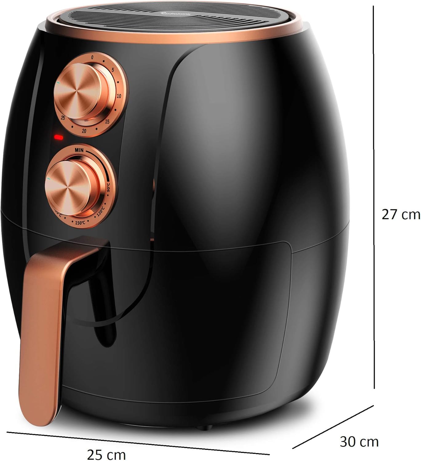 Side view of the TURBO TT-AF3 Hot Air Fryer with dimensions labeled: 25 cm width, 30 cm depth, 27 cm height.