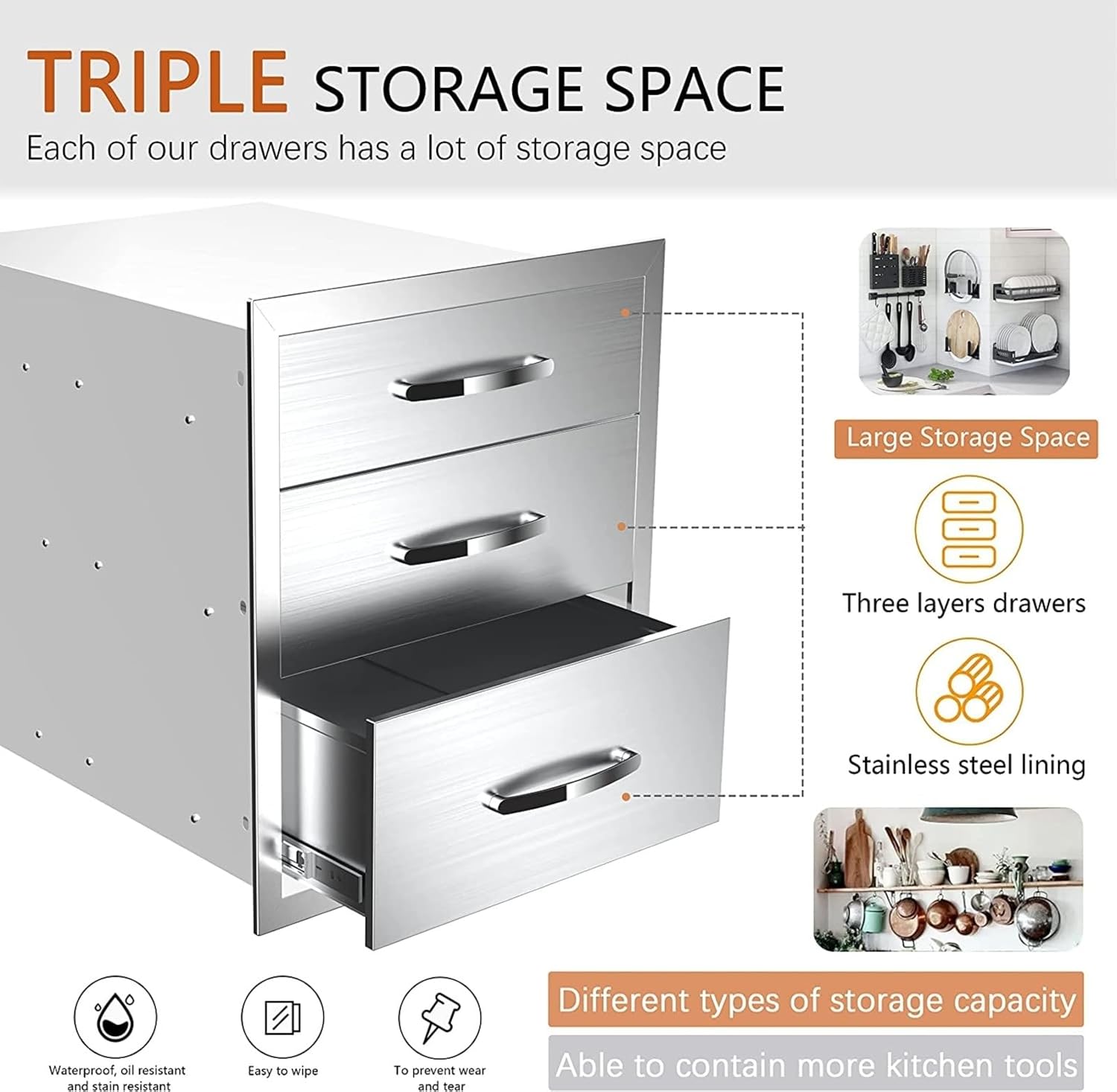 Outdoor Kitchen Drawers, Box Frame Style Flush Mount BBQ Drawer w/Stainless Steel Handle, BBQ Island Drawers For Patio Grill Station,Three Drawers