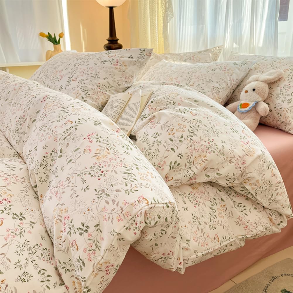 Cotton Floral Duvet Cover Queen for Girls Kids Beige 100% Cotton Duvet Cover Set Garden Botanical Green Leaf Bedding Set Soft Breathable Flower Butterfly Comforter Cover with 2 Pillowcases