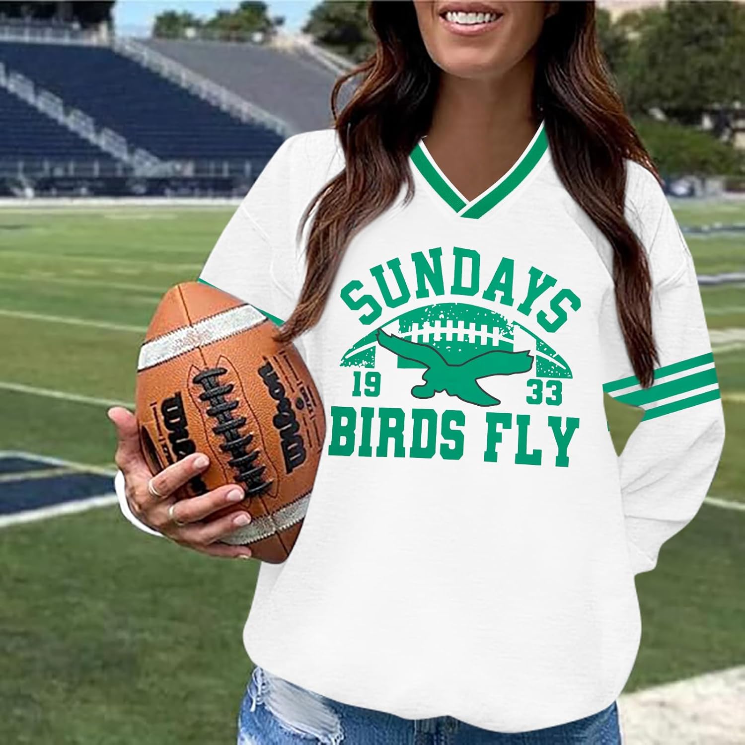 MYHALF Jersey Shirts for Women Football Fans Sweatshirt Game Day Outfits Sunday Funday Pullover V Neck Y2k Streetwear Tops