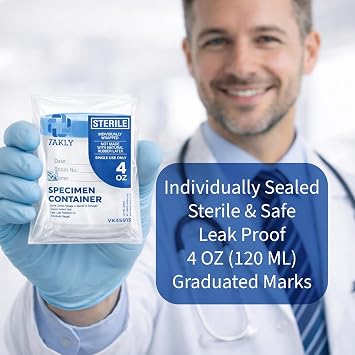 Vakly Sterile Urine Specimen Cups 4 oz (5 Pack) Clear Sample Collection Containers with Leak-Proof Screw-On Lids, Individually Bagged for Urine, Stool, and Lab Testing