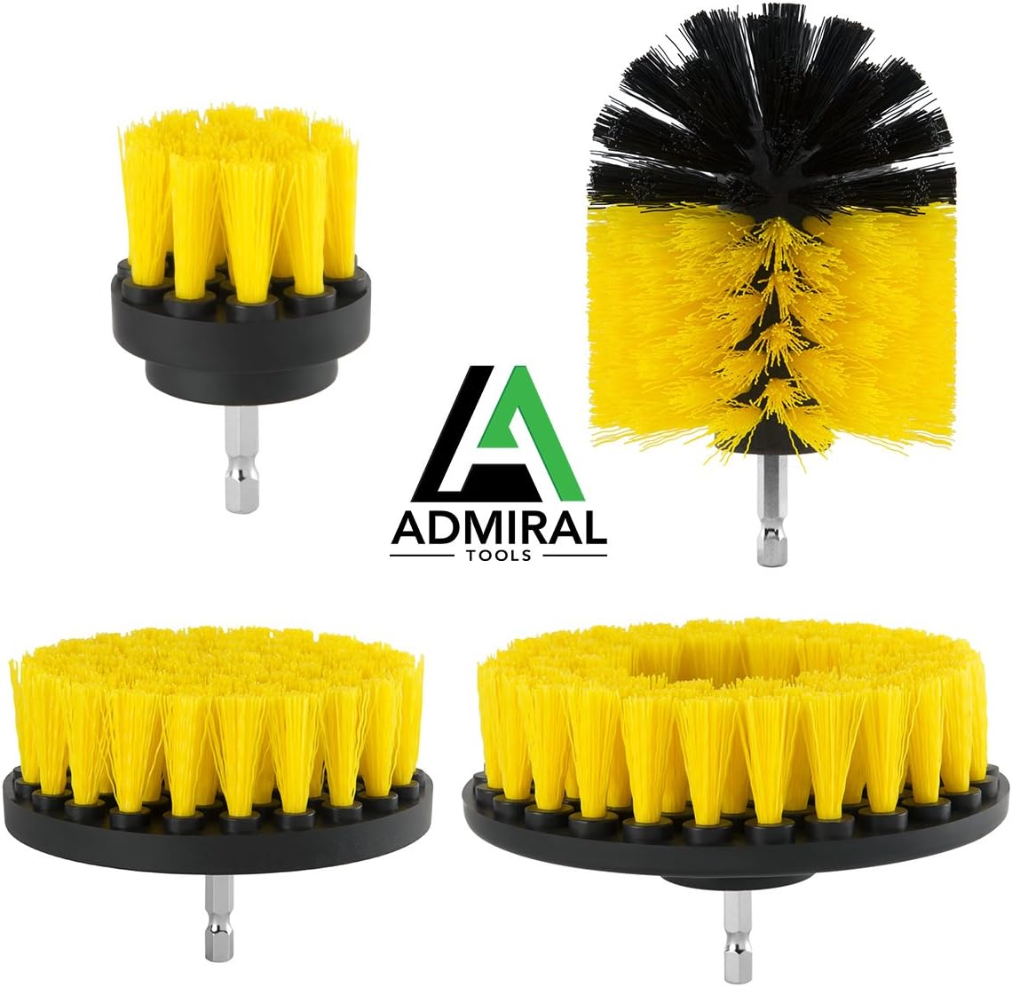 ADMIRAL Bathroom Cleaning Drill Brush Kit || Set of 4 brushes || Medium Stiffness Nylon Brushes || For cleaning Bathroom Surfaces Tub Sink Shower Toilet Tile and Grout || Power Scrubber Drill Brush