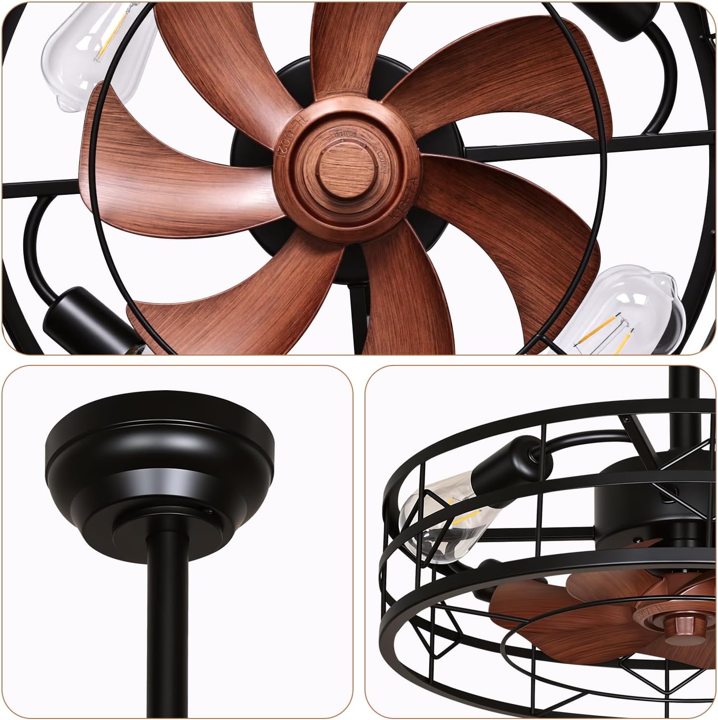 TCL 24 Inch Caged Ceiling Fan with Light and Remote, Low Profile Flush Mount Fandelier, Rustic Farmhouse Style Ceiling Fans for Bedroom, Kitchen, Easy to Install