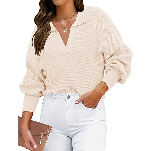 ZESICA Women's Fall Lapel Collar V Neck Long Sleeve Ribbed Knit Comfy Loose Casual Pullover Sweater Jumper Top