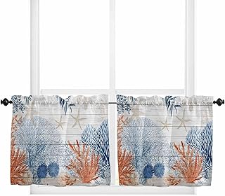 Orange Navy Blue Coral Window Tier Curtains 24 Inch Length, Summer Beach Coastal Ocean Wooden Rod Pocket Window Treatment Kitchen Drapes for Bedroom, Cafe, Living Room, 2 Panels, 27.5 W x 24 L