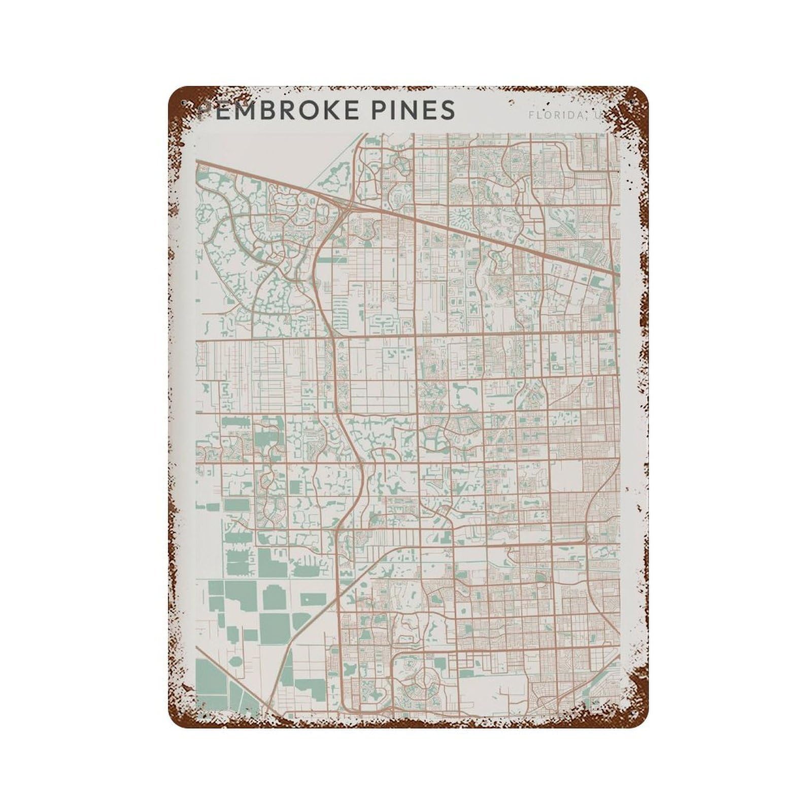 xiaoxiaoshen Pembroke Pines Map Florida Travel Gift Farmhouse Decor Wall Decor Art Metal Tin Poster Modern Home Decor Art Home Bar Shop Decorations Vintage Sign 40x30cm