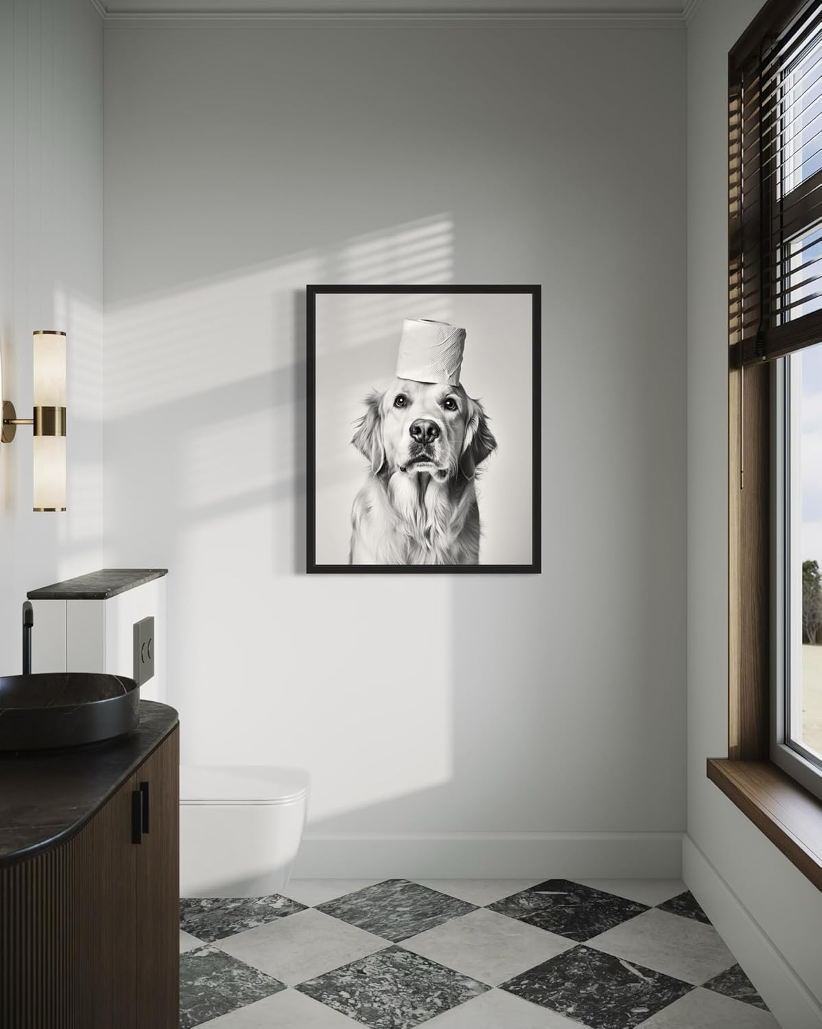 Golden Retriever Funny Bathroom Wall Art Print Poster, Dog Pet Lover Picture Painting Artwork Bedroom Living Room Office Dining Room 151C (Golden Retriever Funny Bathroom, 18 x 24 inches, Black Frame)