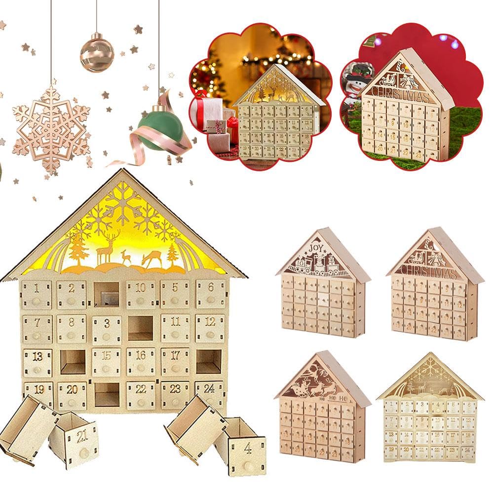Holz Weihnachten Adventskalender, 24 Tage Adventskalender LED Holz Countdown bis Weihnachtskalender, leuchtet DIY Adventskalender Leere Box für Weihnachten Urlaub