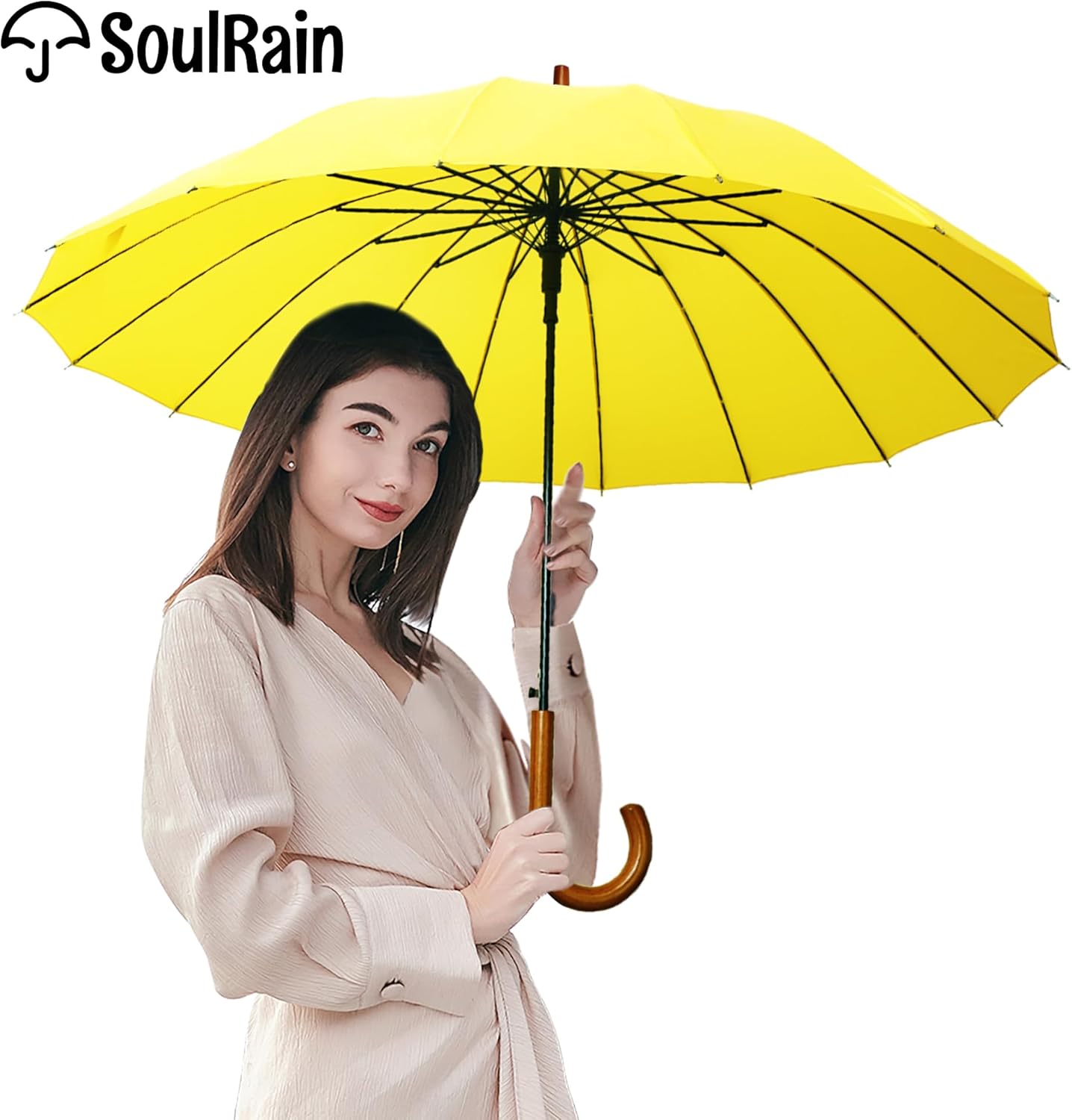 SoulRain 16 Ribs 48" Stick Umbrella Auto Open Solid Color Fashionable and Simple,Arc Classic Wood Handle,Windproof Unbreakable Stick Rain Umbrella - Image 3