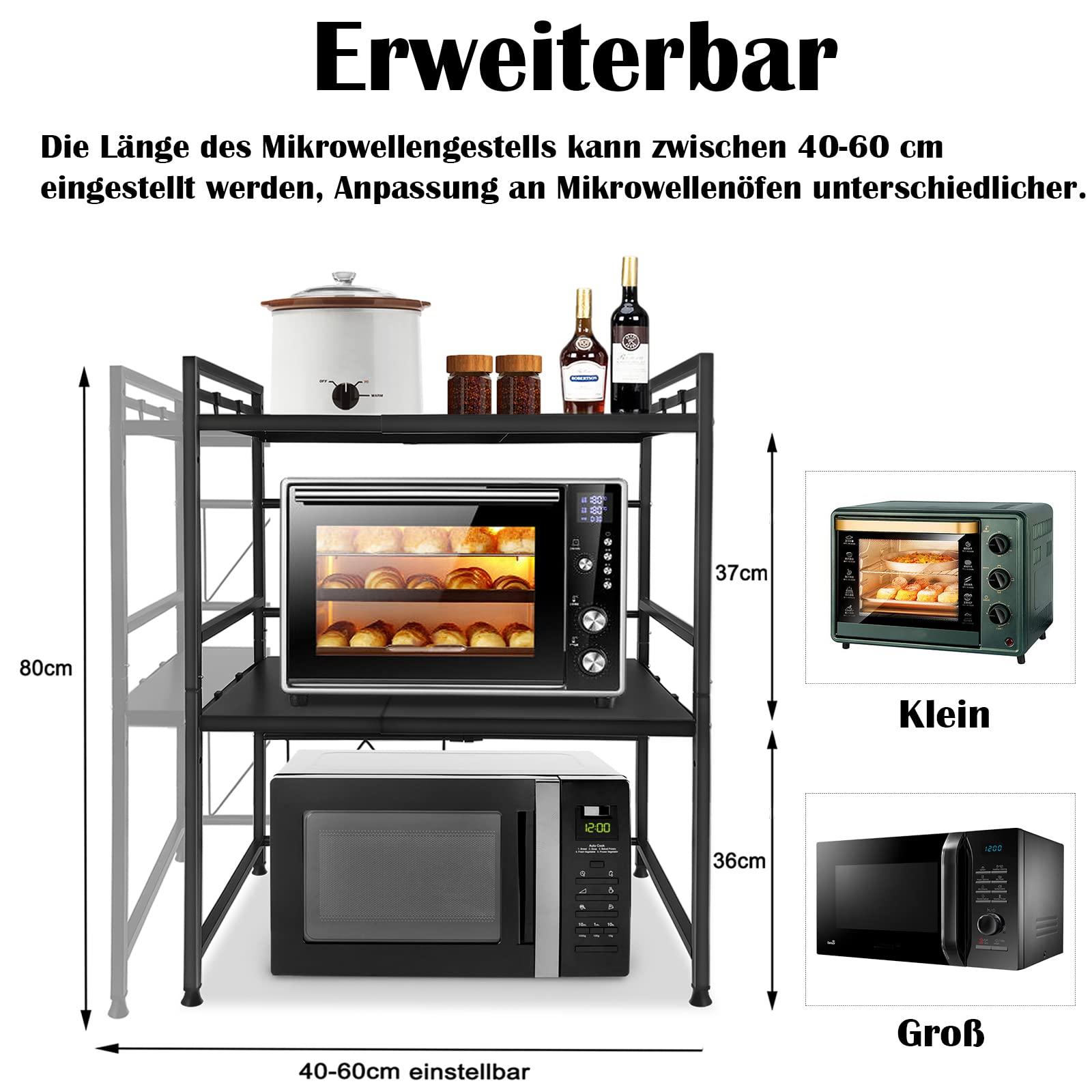 Scaffale per microonde espandibile a 3 livelli, per microonde, da cucina, con 8 ganci, colore: nero