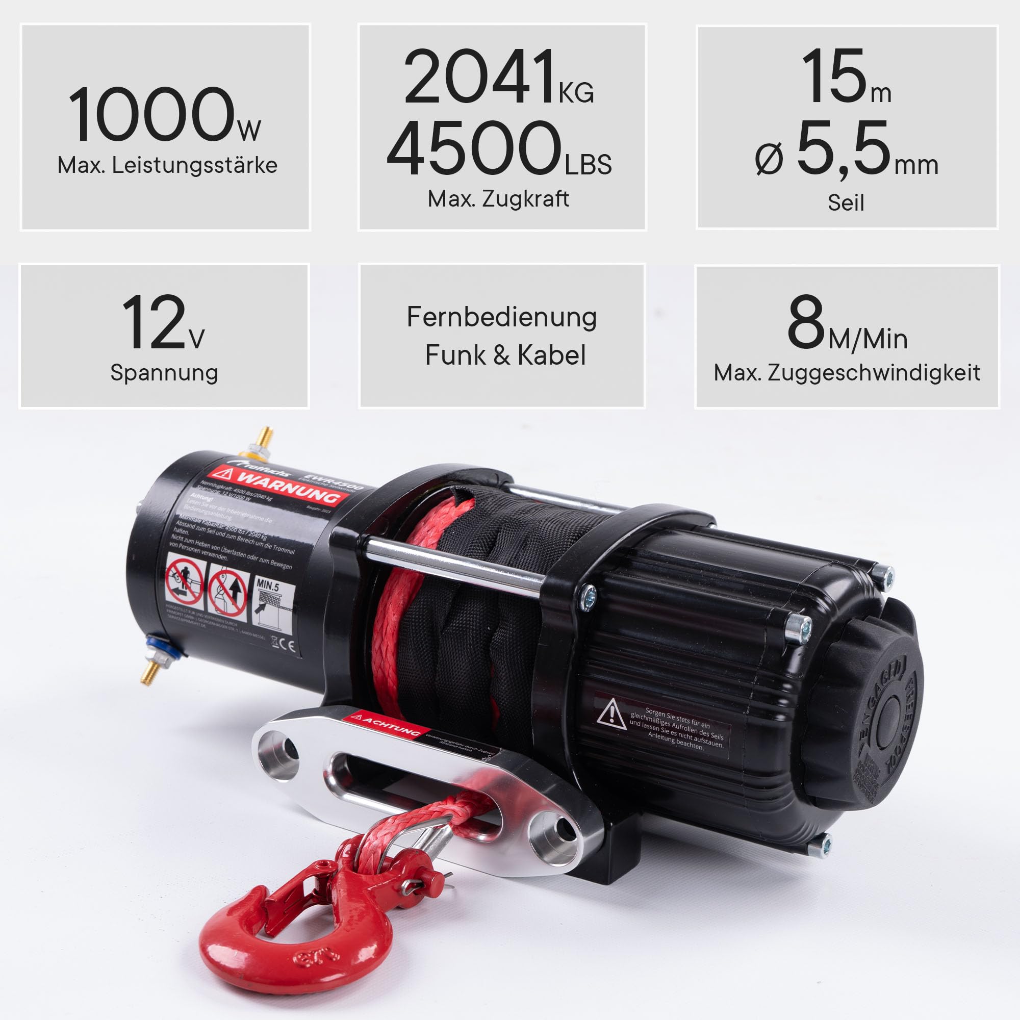 ROTFUCHS Elektrische Seilwinde 12 Volt - 4500 lbs Motorwinde Seilzug, mit Montagehalterung und Fernbedienung, Power Offroad Winde 2041 kg, ATV UTV kompatibel, Synthetikseil