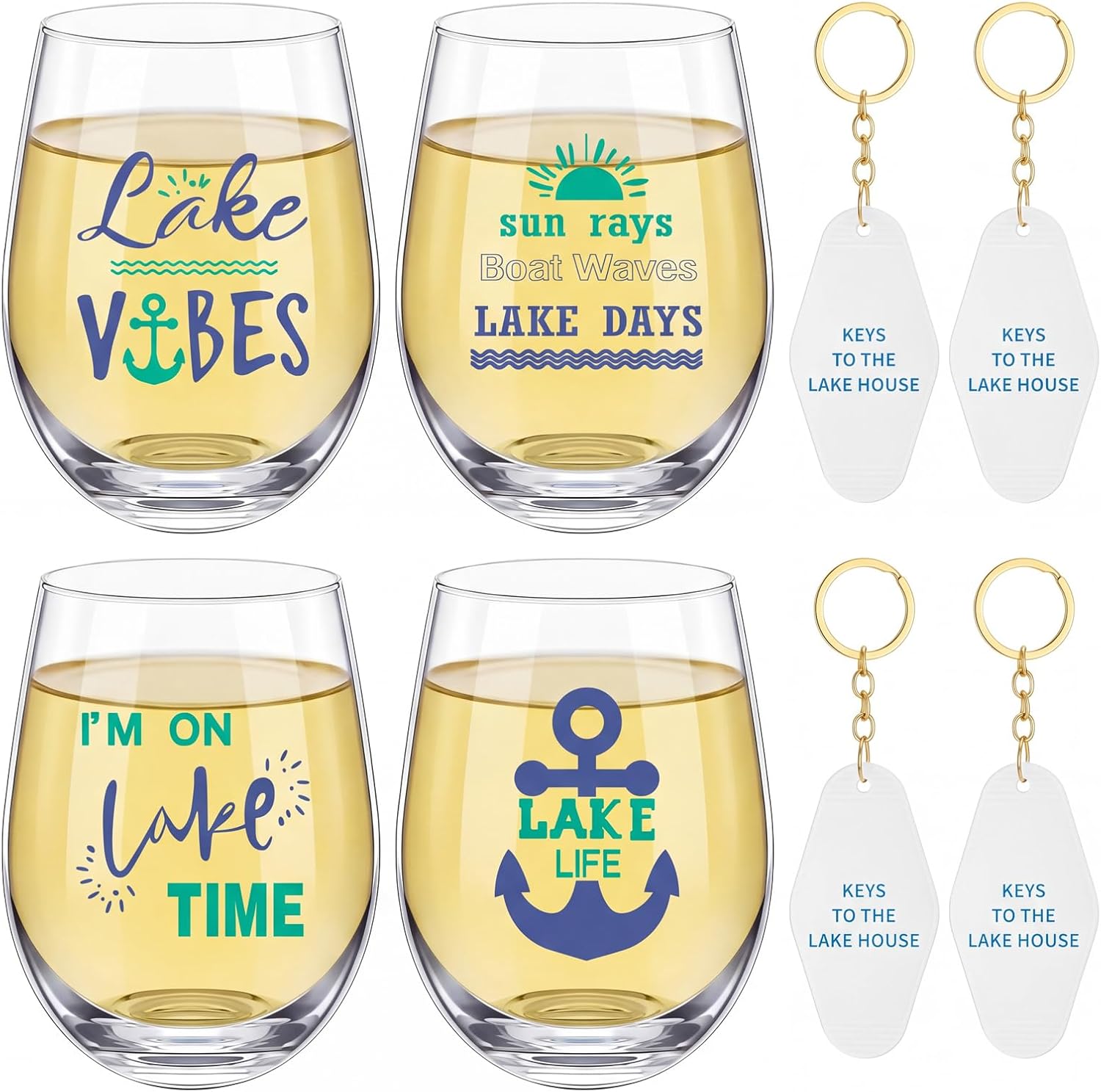 Remerry Set of 4 Lake House Gifts Including 4 Pcs 20 oz Stemless Wine Glasses and 4 Pcs Keys to the Lake House Keychain Housewarming Lakeside Inspired Boat Life Gifts