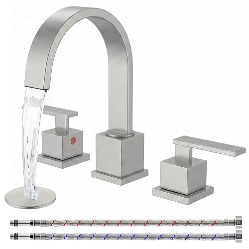 KINGO HOME 3 Hole Widespread Brushed Nickel Bathroom Faucet,Modern Waterfall