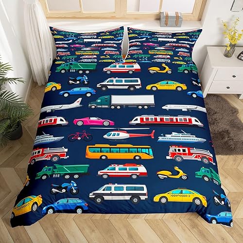 Miniatura 15 de Erosebridal Juego de funda de edredón de tren de dibujos animados para niños, color rojo y azul, funda de edredón de vehículos para niños, Color