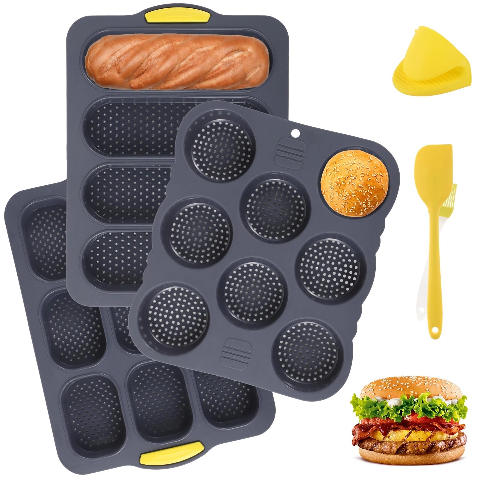 Juego de 6 moldes para hamburguesas para hornear, molde de pan de hamburguesa de 4/8/9 tazas, molde de silicona para hornear pan francés con cepillo, espátula y guante de agarre, sartenes perforadas