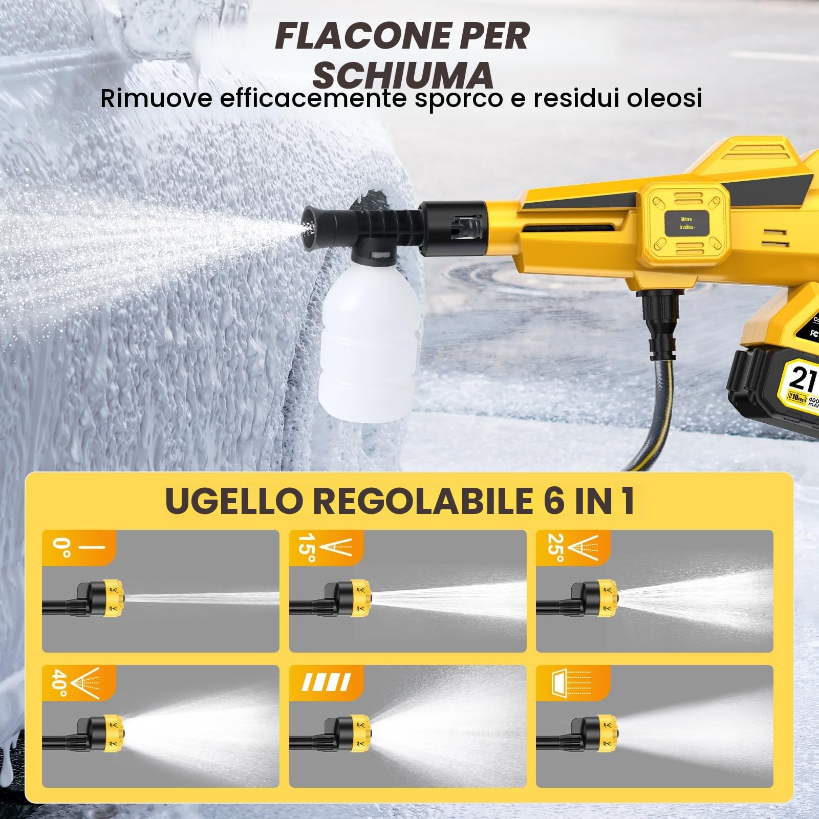 Idropulitrice a Batteria, 4000 mAh *2 Idropulitrice 45 Bar, 6-In-1 Ugello Idropulitrice Portatile, 3 Livelli Idropulitrice Senza Fili, Idropulitrice Professionale per Casa, Auto, Giardino, Esterni