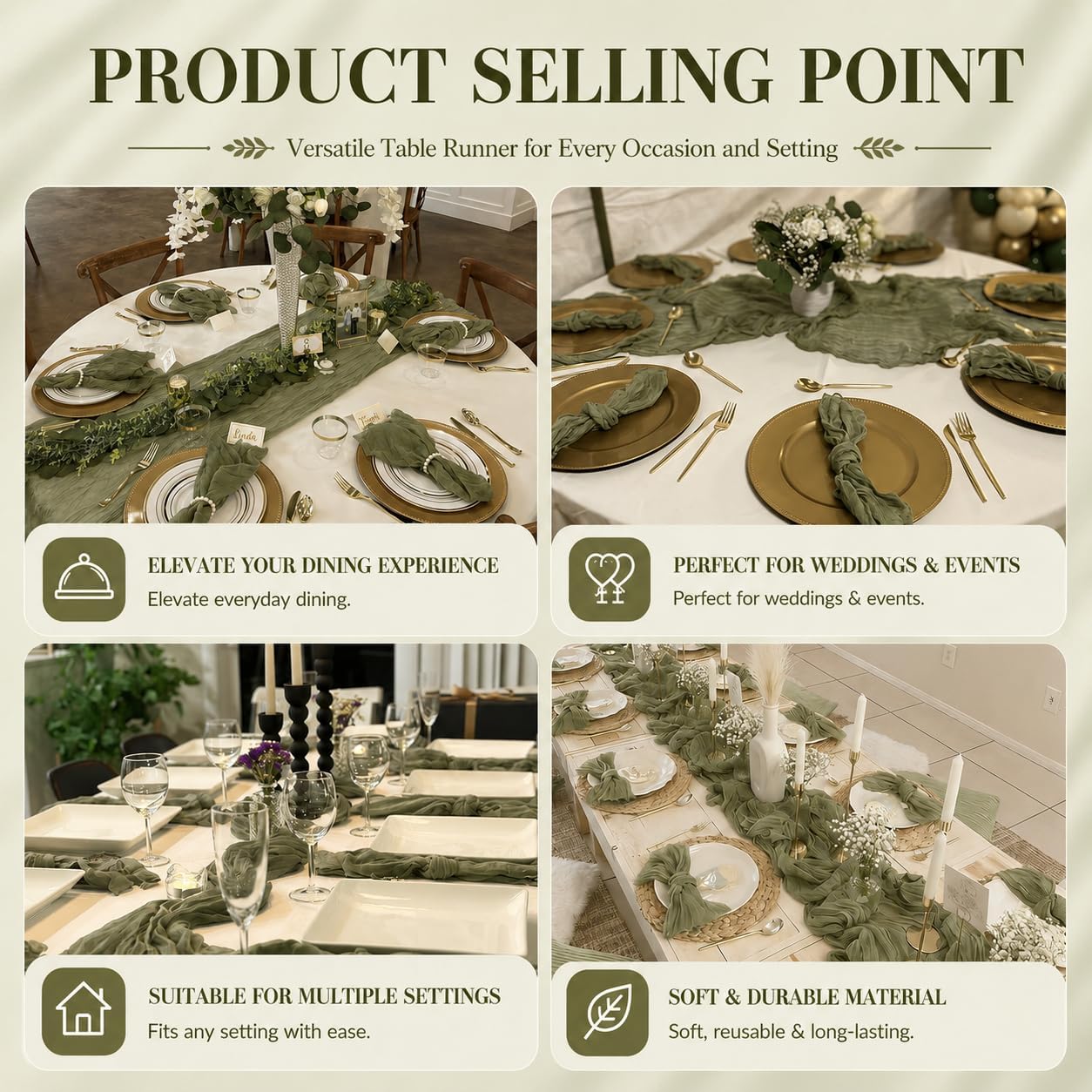12 Pack Olive Green Cheesecloth Table Runner 17x108 Inch Boho Rustic Semi Sheer Gauze Cheese Cloth Table Runner for Wedding Bridal Shower Baby Shower Party Farmhouse Dining Table Decor