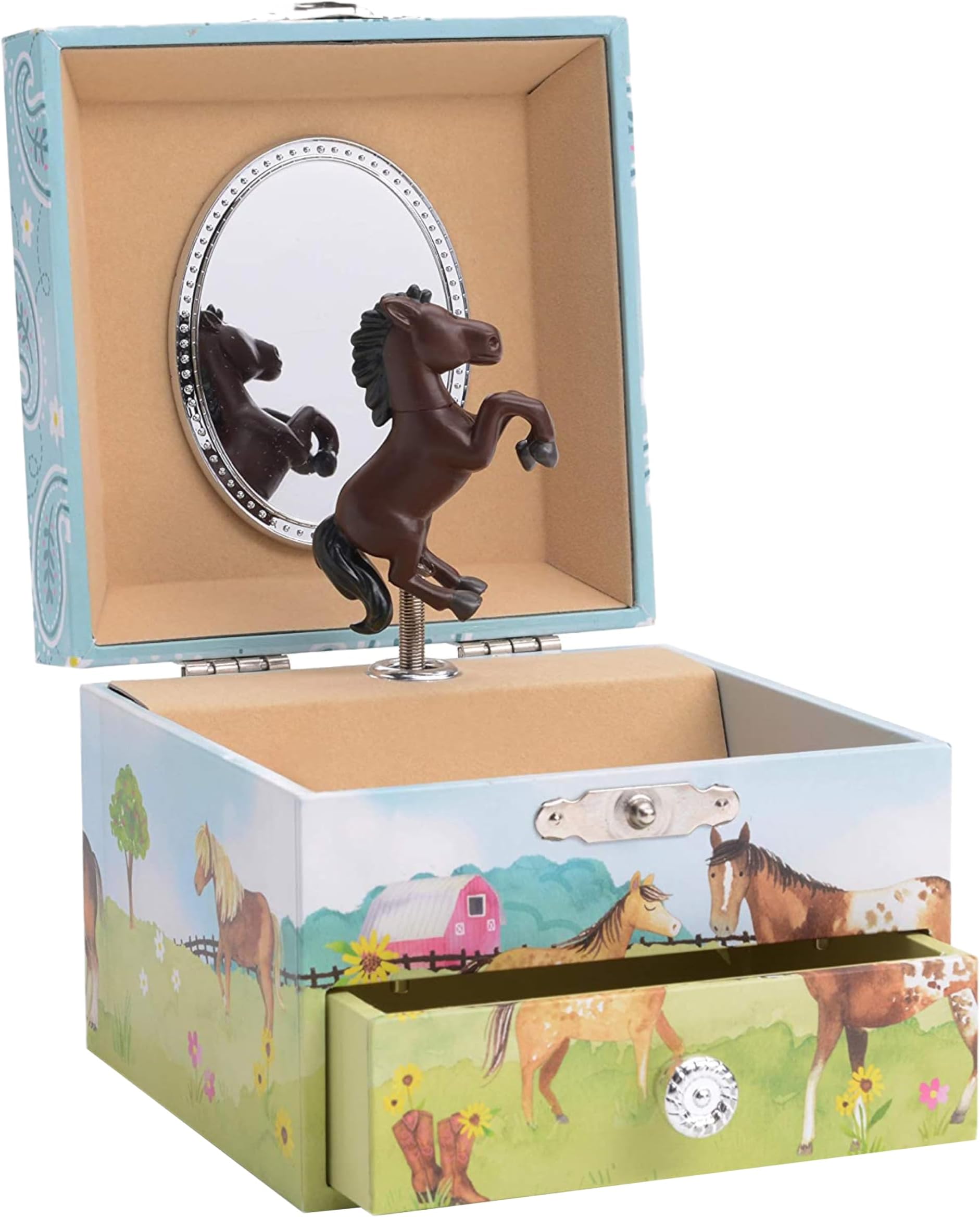 Jewelkeeper Kids Musical Jewelry Box for Girls with Spinning Dark Horse - Single Pullout Drawers with Fur Elise Tune - Thoughtful Gift for Young Girls - Barn Theme Design - ‎10.8 x 8.9 x 10.8 cm