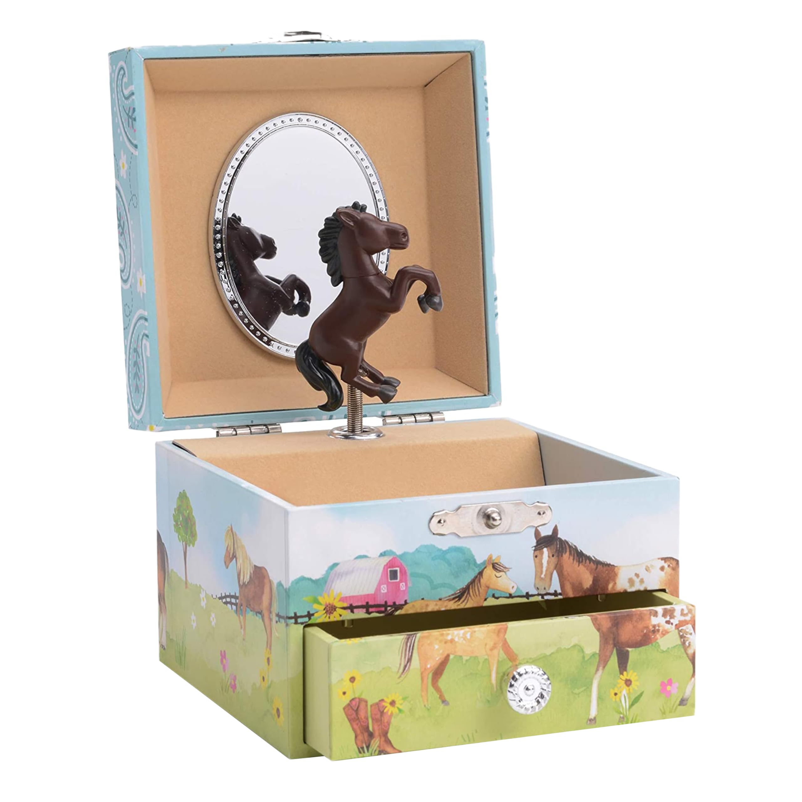 Jewelkeeper Kids Musical Jewelry Box for Girls with Spinning Dark Horse - Single Pullout Drawers with Fur Elise Tune - Thoughtful Gift for Young Girls - Barn Theme Design - ‎10.8 x 8.9 x 10.8 cm