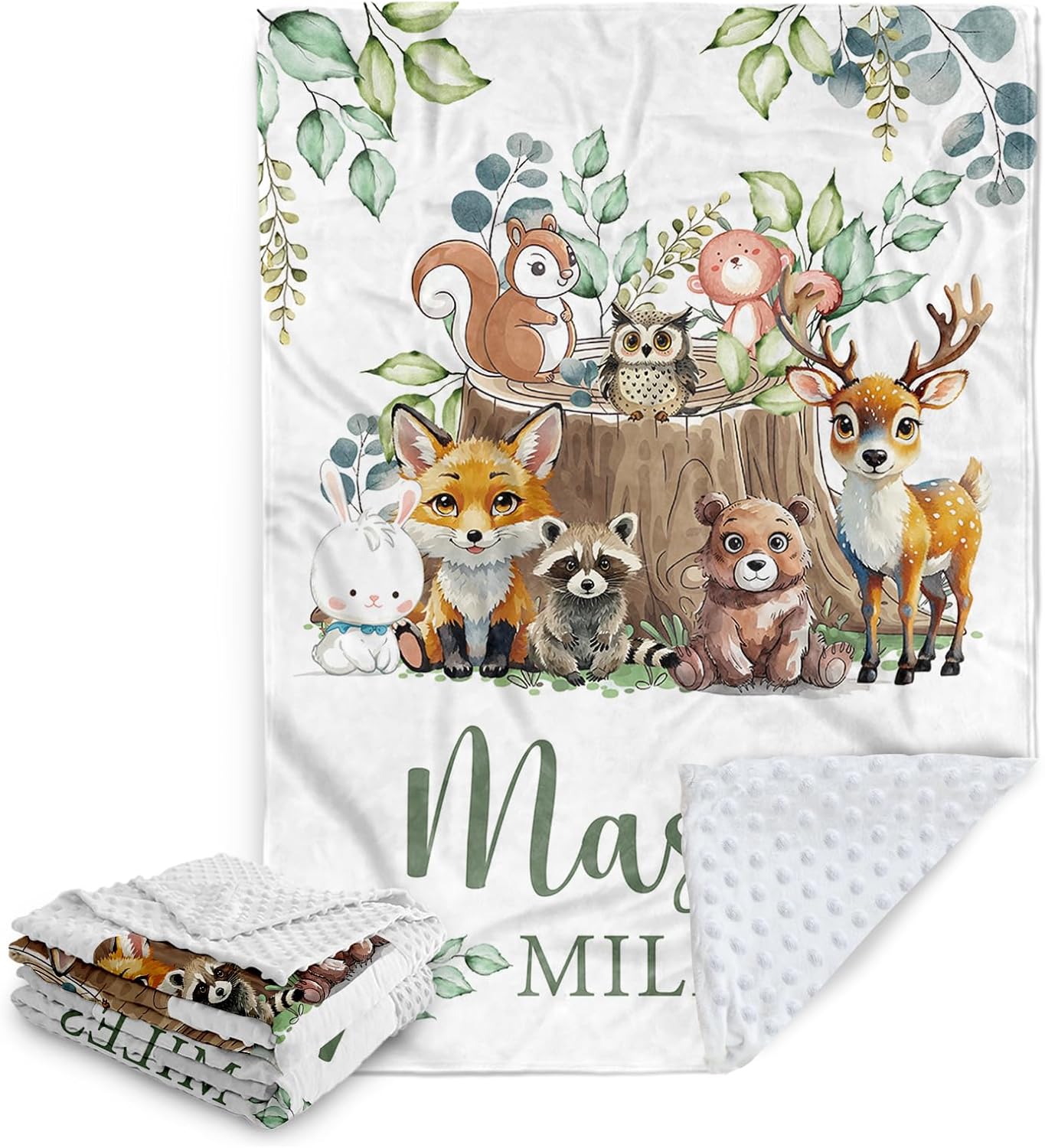 Terwex Custom Baby Blanket with Name, Customized Blanket for Newborn Boys Girls, Forest Animals Flannel Double Layer Dotted Backing Receiving Swaddle, Cute Keepsake Gifts for New Parents(47"x60")