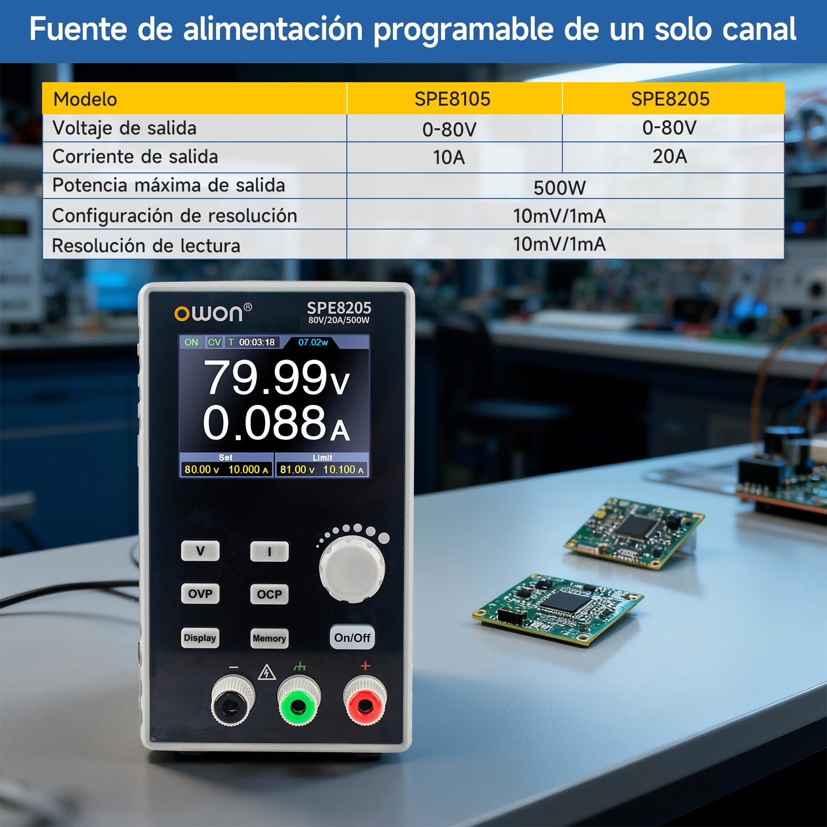 OWON SPE8205 500W Fuente de alimentación DC programable con USB SCPI, 80V/20A, Alta precisión y bajo Ruido, con edición de Formas de Onda para Uso Industrial y de Laboratorio