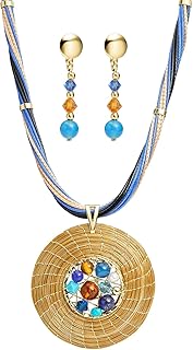 VERA NAVARRO - Conjunto Collar Dorado Mandala 45 mm en Oro Vegetal con Piedras, Cristales y Pendientes - Hecho a Mano 100% (Variante Azul)
