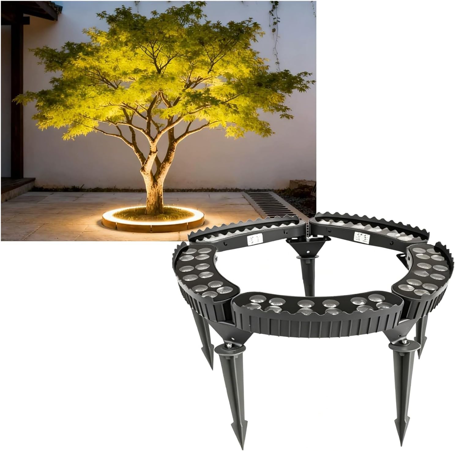 Focos para patios circulares: luces LED moradas para árboles que destacan tu paisajismo