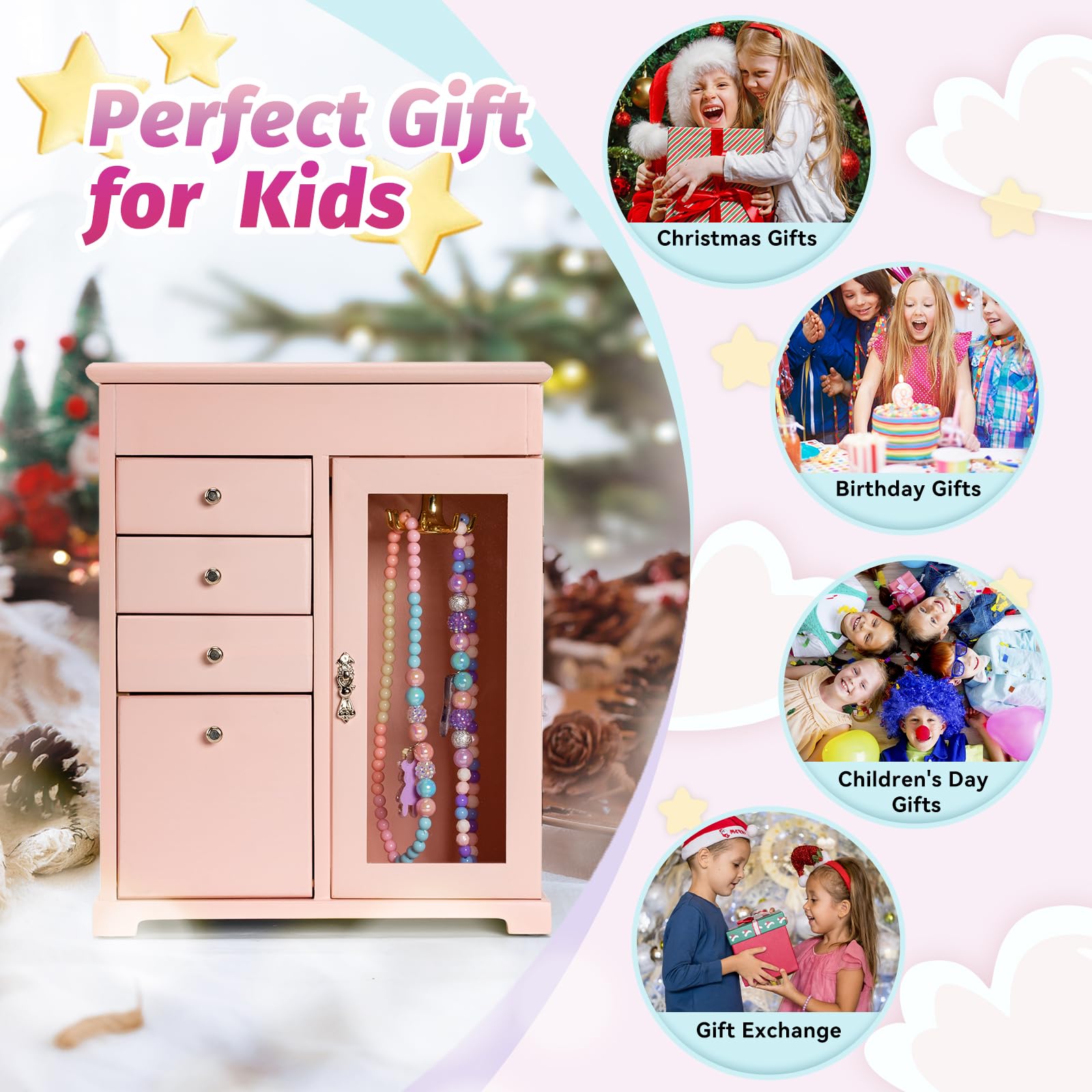Joyero musical para niñas, caja de música grande de madera para niños con bailarina giratoria y espejo, caja de joyería de 5 capas, regalo para niñas pequeñas, Navidad, Año Nuevo, cumpleaños