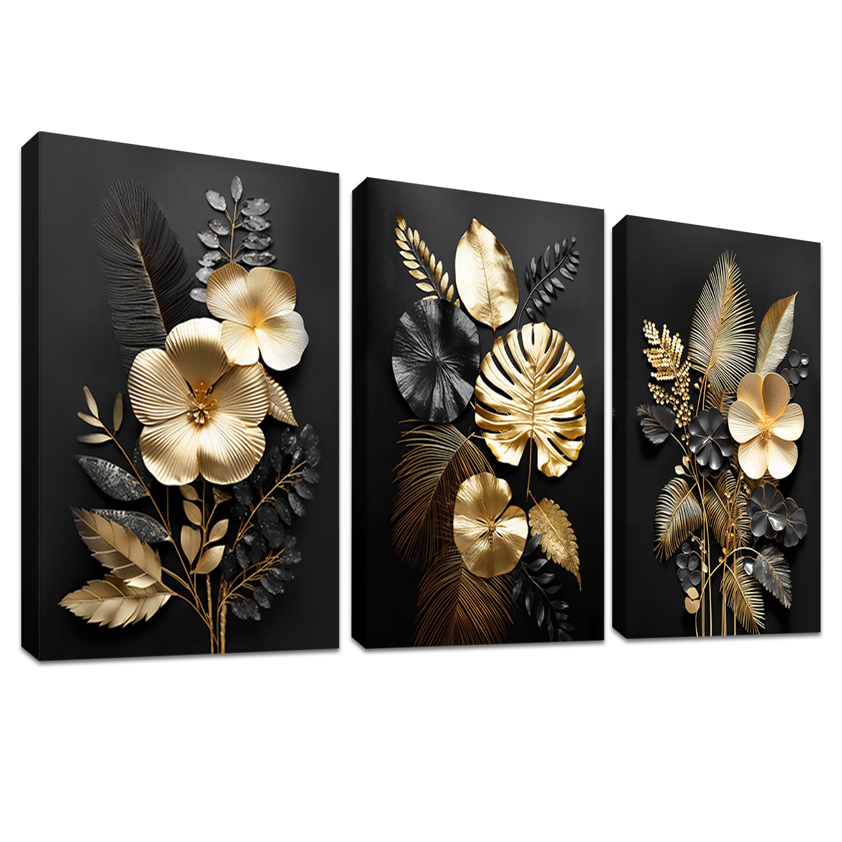 3 Pcs Flores 3D Oro Negro Marco de madera Cuadro Moderno Hojas de Palma Monstera Tropical Lienzo decorativos Pintura Imagen cuadros decoracion salon modernos dormitorios baño Pasillo 30cmx40cmx3