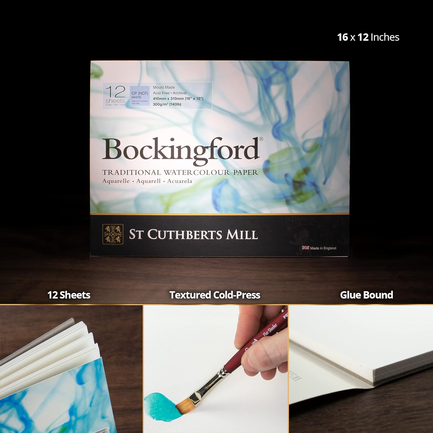 St. Cuthberts Mill Bockingford Watercolor Paper Pad - 16x12-inch White Water Color Paper for Artists - 12 Sheets of 140lb Cold Press Watercolor Paper for Gouache Ink Acrylic Charcoal and More