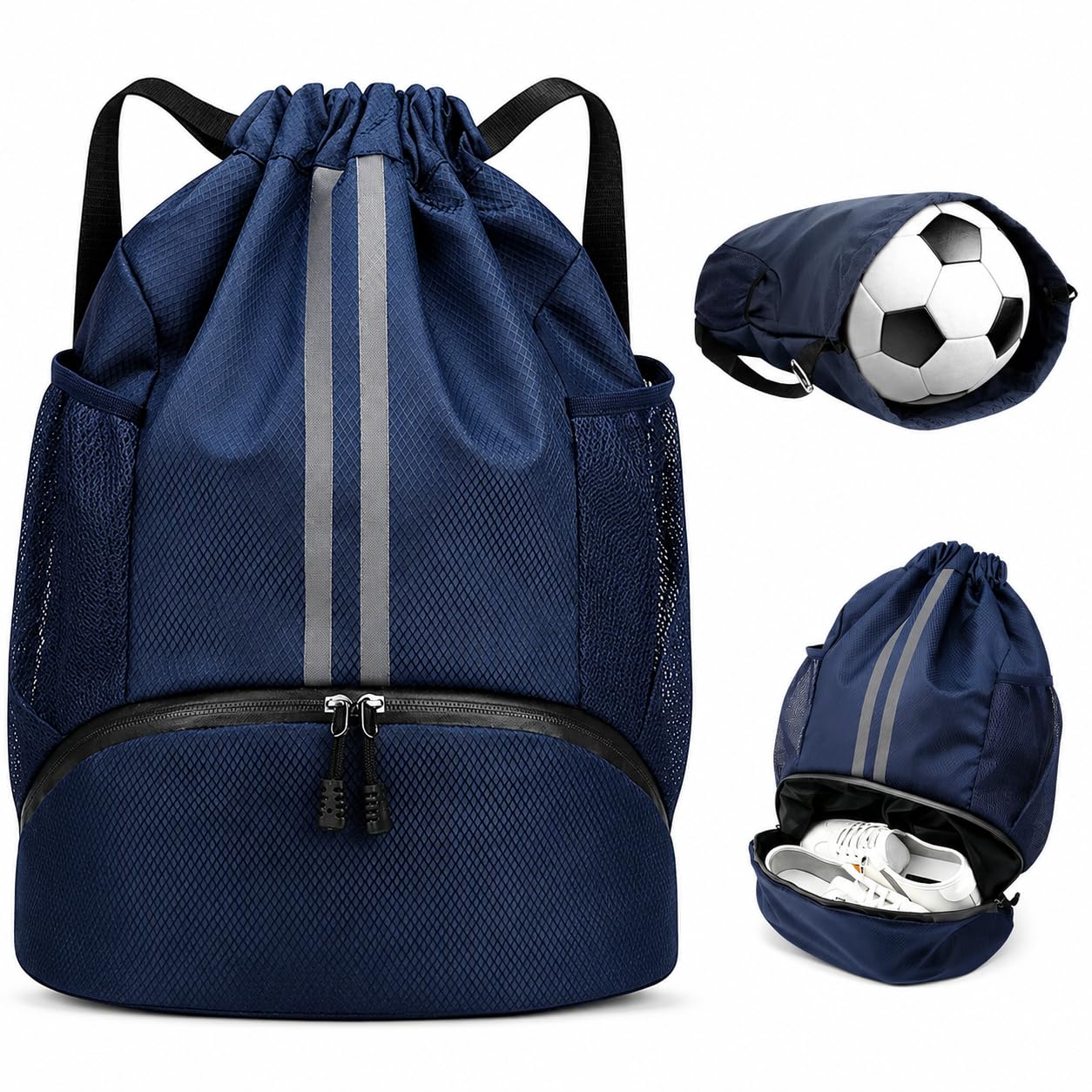 Drawstring Gym Bag with Shoe Compartment, Swimming Bag Sports Backpack for Travel Fitness Football, Lightweight Drawstring Gym Bag, PE Bags with Wet Dry Separation for School Boys Kids Adults Blue