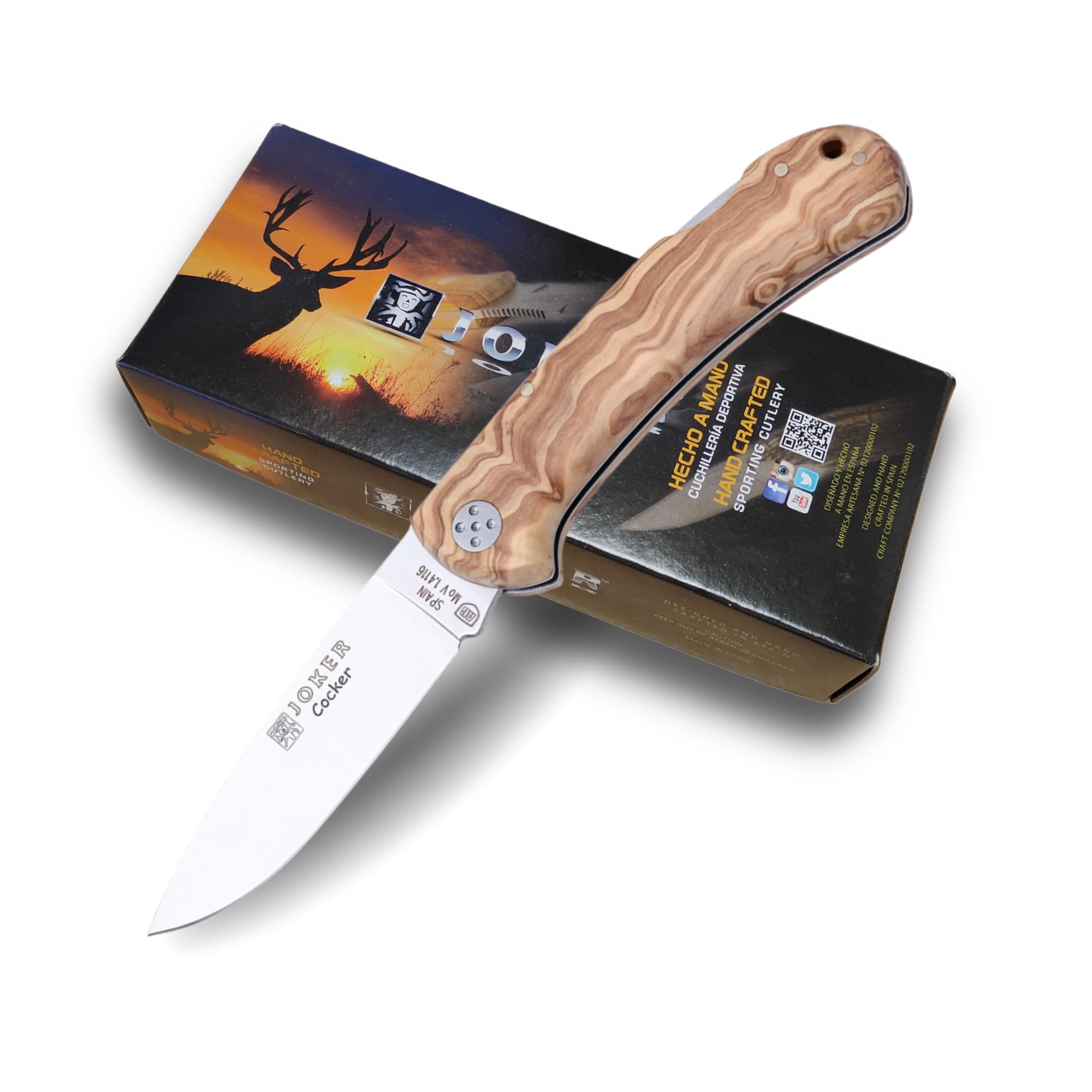 Joker Navaja de caza Cocker NO134, mango de madera de olivo, hoja de 9 cm MOVA, con cordón de cuero, herramienta de pesca, caza, camping y senderismo