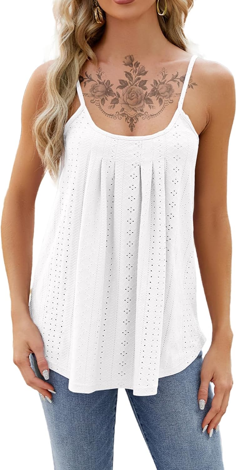 Summer Tank Top for Women Casual Loose Spaghetti Strap Fashion T Shirt Scoop Neck Eyelet Embroidery Beach Tunic Tops