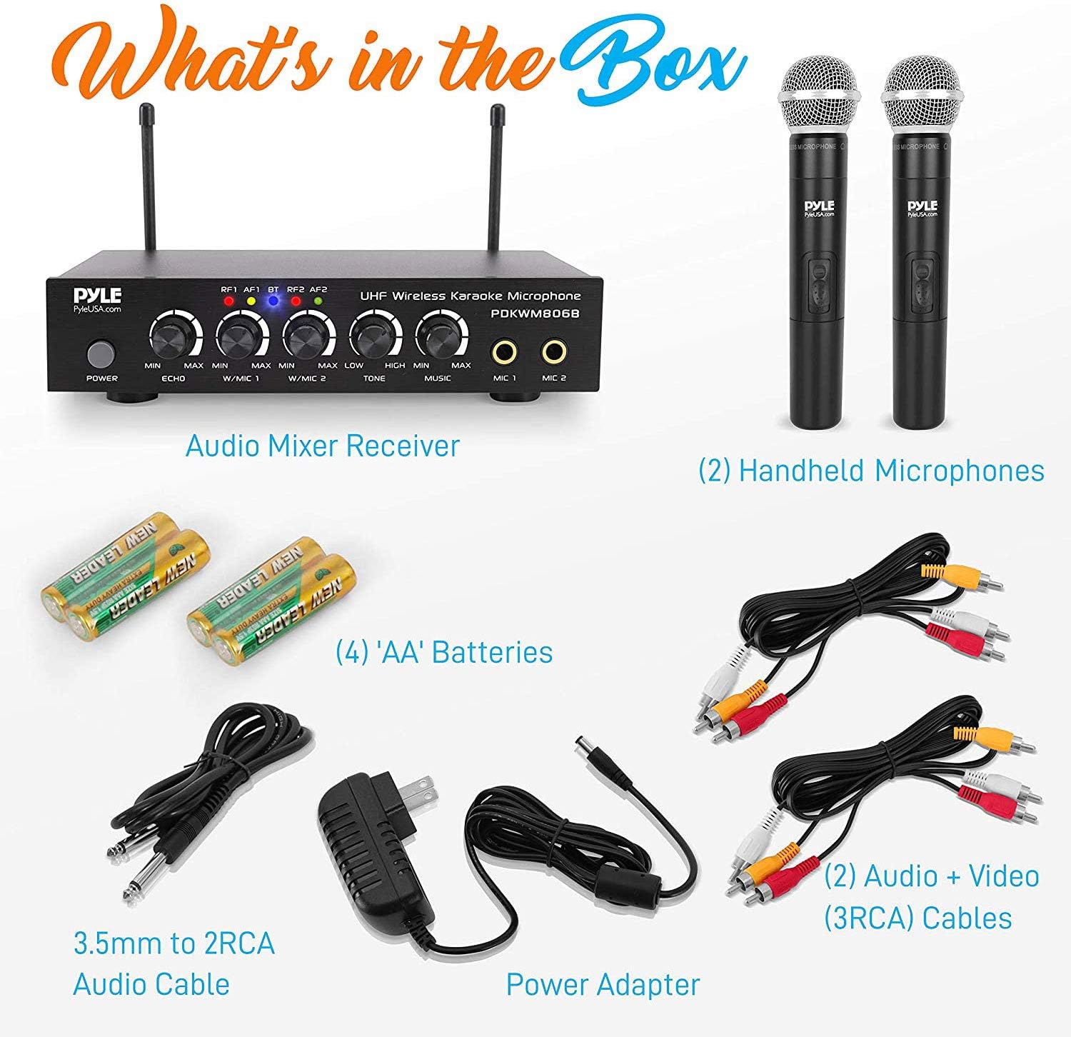 Pyle Portable UHF Wireless Microphone System - Battery Operated Dual Bluetooth Cordless Microphone Set, Includes 2 Handheld Transmitter Mic, Mixer Receiver, RCA, for PA Karaoke DJ Party PDKWM806B