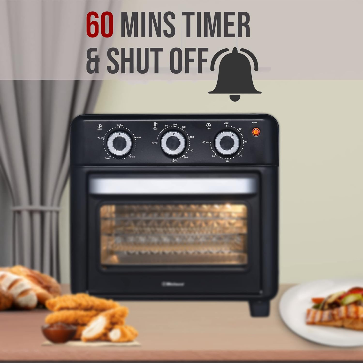 Belaco Air Fryer Oven with a graphic indicating a 60-minute timer and shut-off bell.