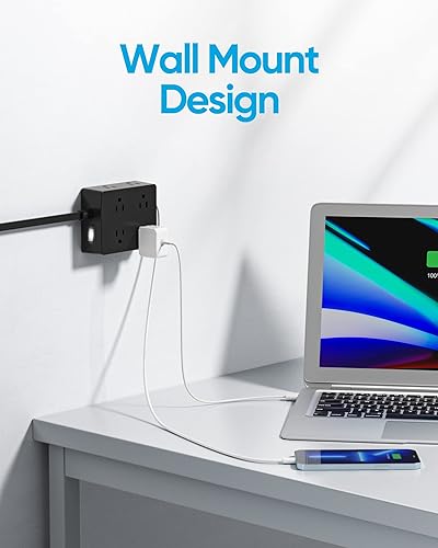 Miniatura 8 de olcorife - Protector de sobretensiones, cable de extensión de 20 pies de largo con 8 tomas, 3 puertos USB (1 USB C), enchufe plano ultrafino, 1080J,