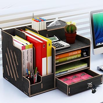 Bamboo Desk Organizer, Desktop Wood Bookshelf File Organizer, Pen Holder and Tissue Holder, 1 Drawer with lock for Office, Home, Need to Install (Light black)