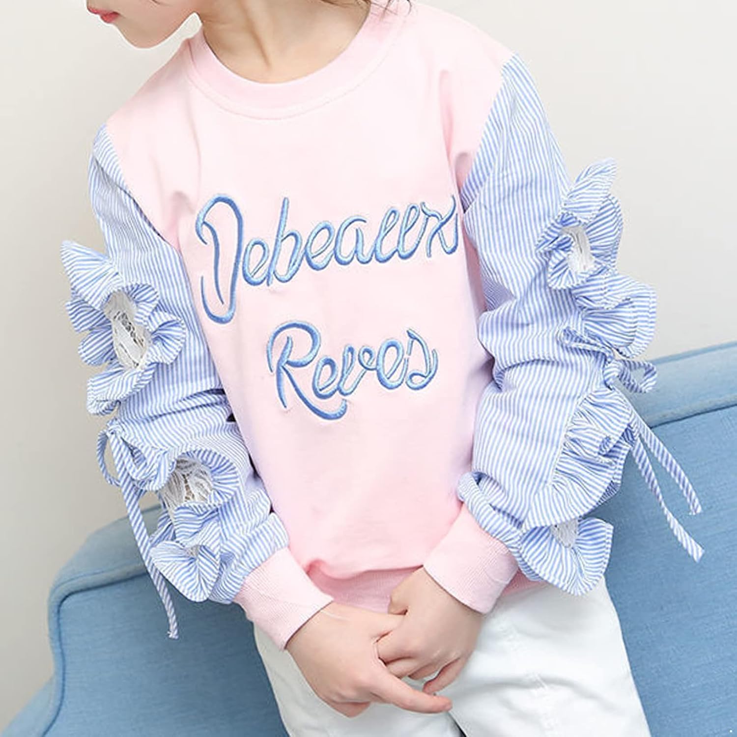 Oyolan Kids Little Girls Cute Sweatshirts Casual Pullover Lace Patchwork Letters Stripes Long Sleeve Tops Shirts