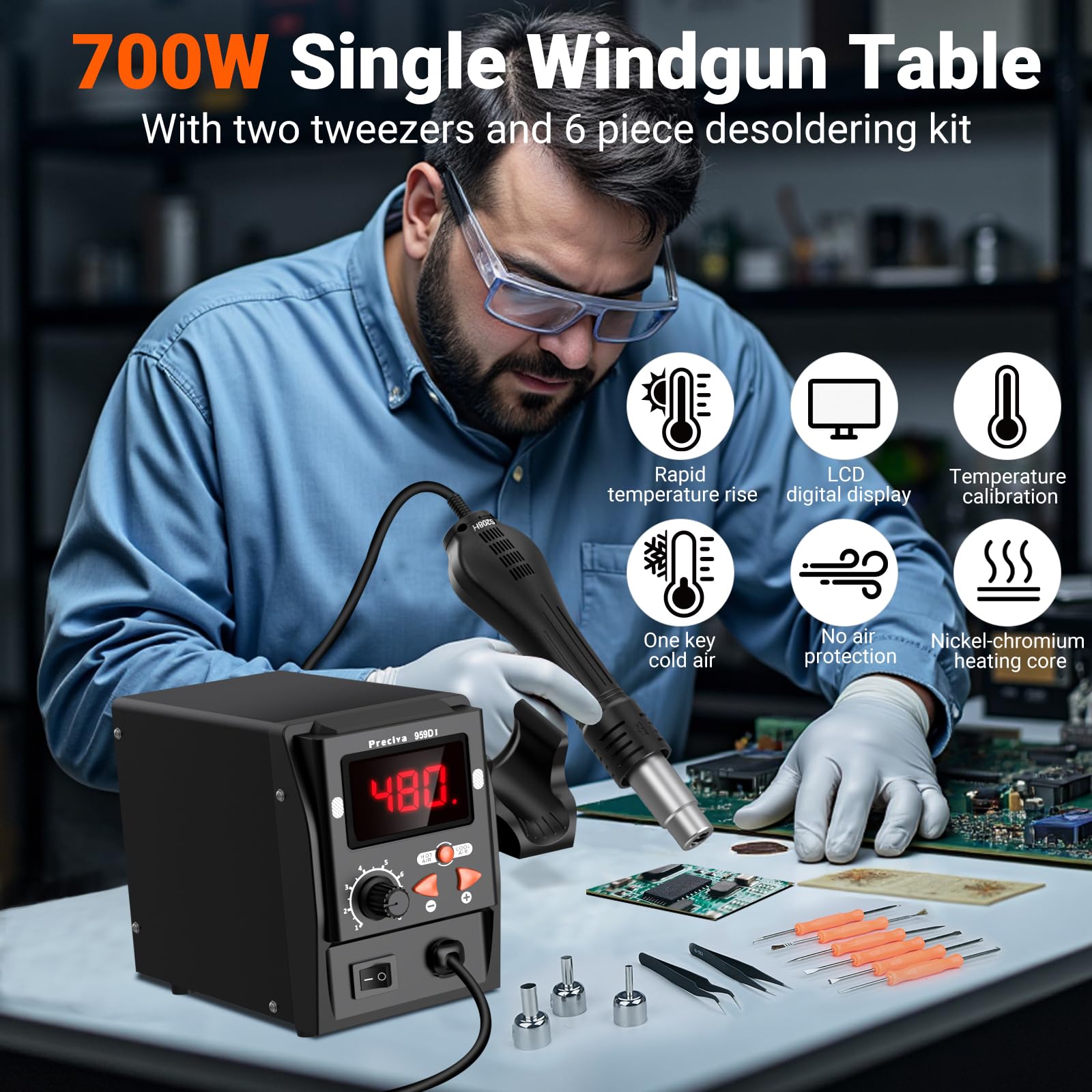 959D-I Station de Dessoudage à Air Chaud 700W pour Soudure et Desoudeur SMD, Stations de Debrasage avec Écran LCD, Température et Volume D'air Réglable, Pistolet Airs Chauds pour Fondre L'étain
