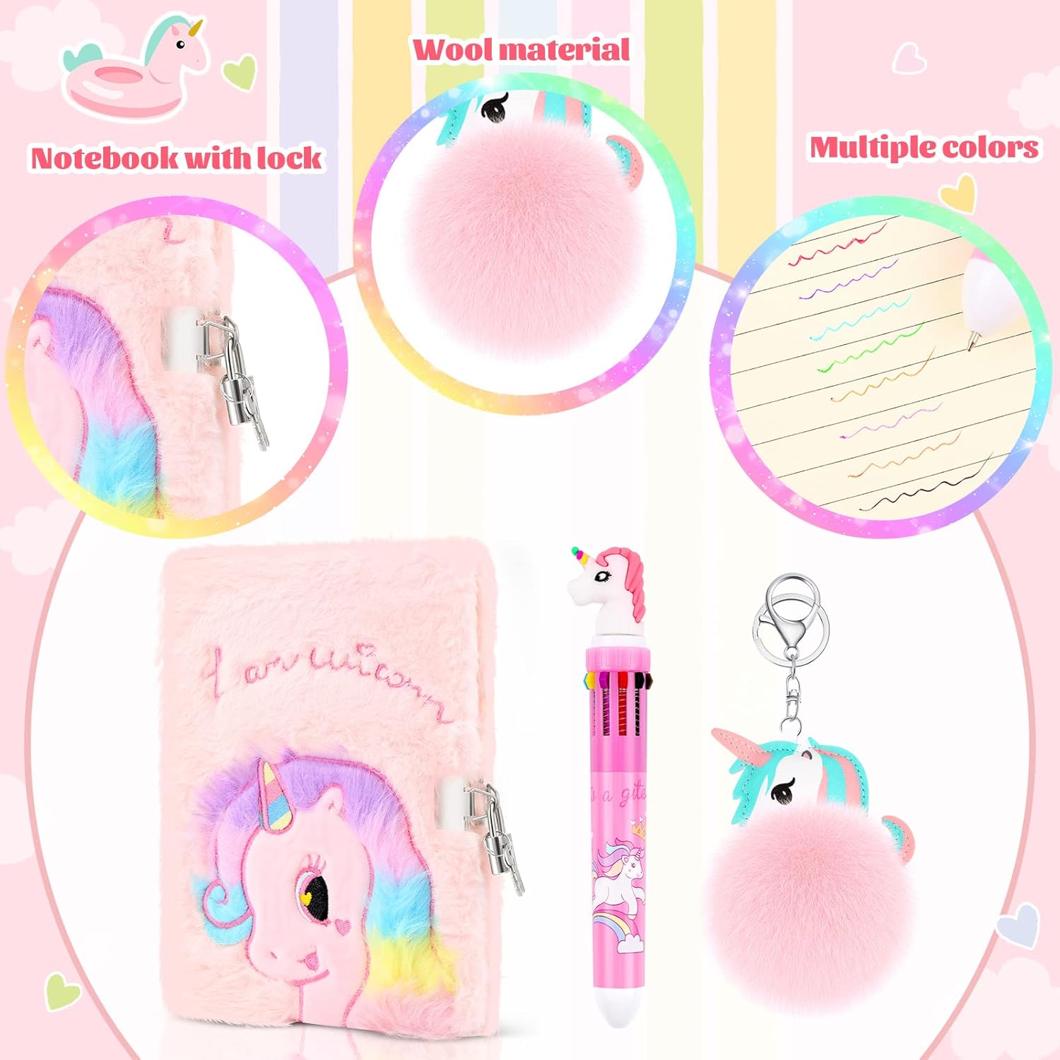 Plush Unicorn Dog Notebook Set, Fluffy Journal Notebook for Girls Embroidery Private Diary Notepad with Lock Multicolored Pen Lovely Pencil Case Key Rings Bracelets for Writing Drawing (Unicorn) : Office Products