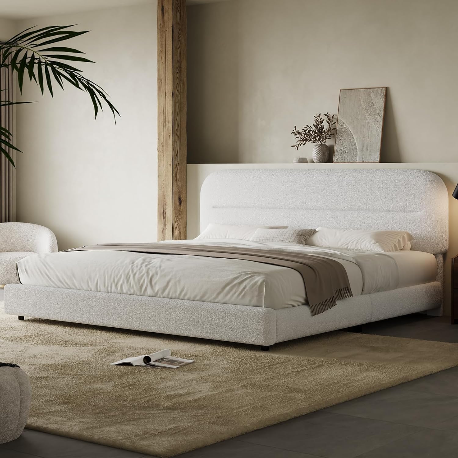 HOMBCK King Size Bed Frame, Boucle Upholstered Bed Frame and Headboard, Soft Bed Frame King with Thickened Footboard, Rounded Corners, No Box Spring Needed, Easy Assembly, White