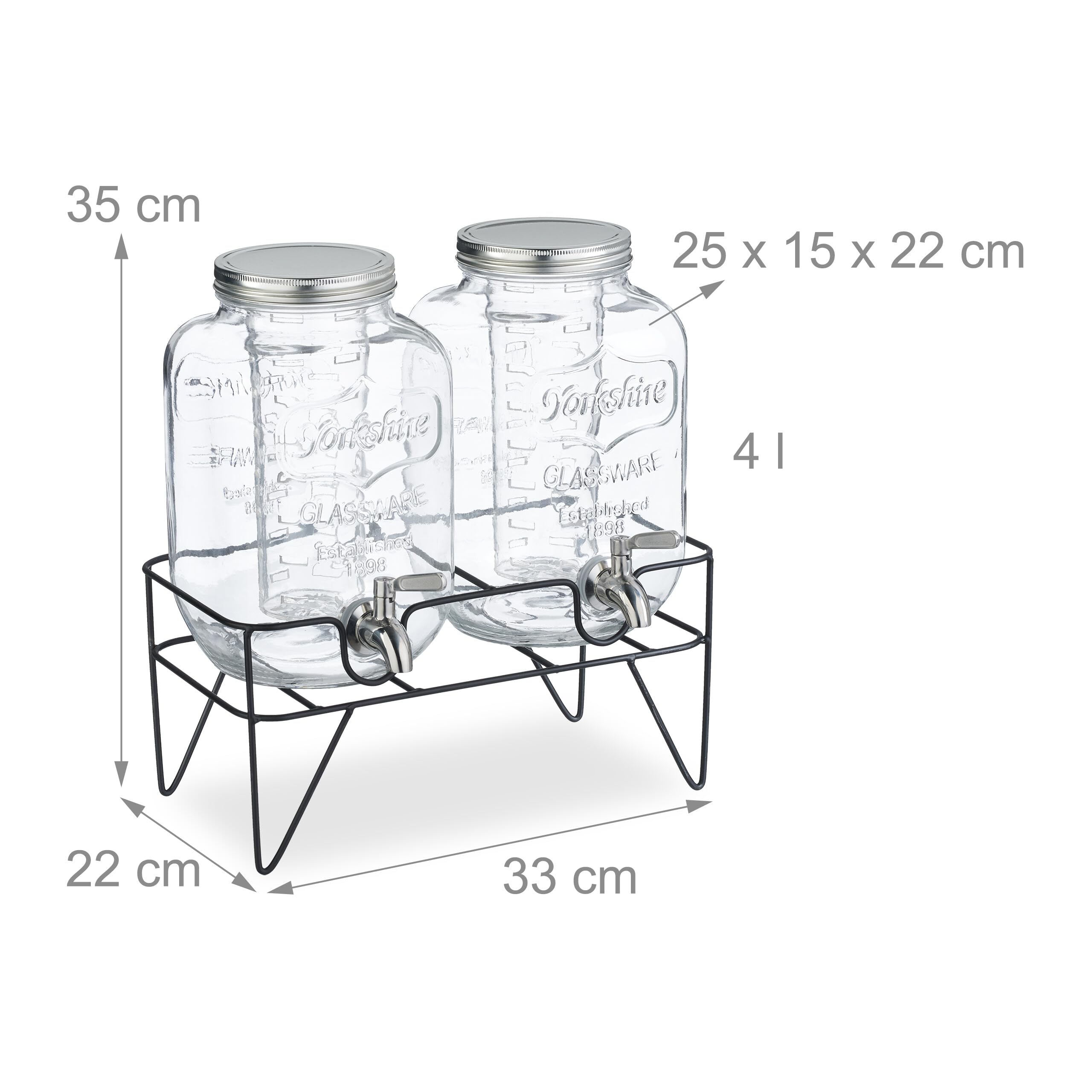 Relaxdays 2 Dispenser in Vetro per Bevande, Erogatore con Rubinetto in Acciaio Inox 4 L, Distribuitore Acqua e Limonate
