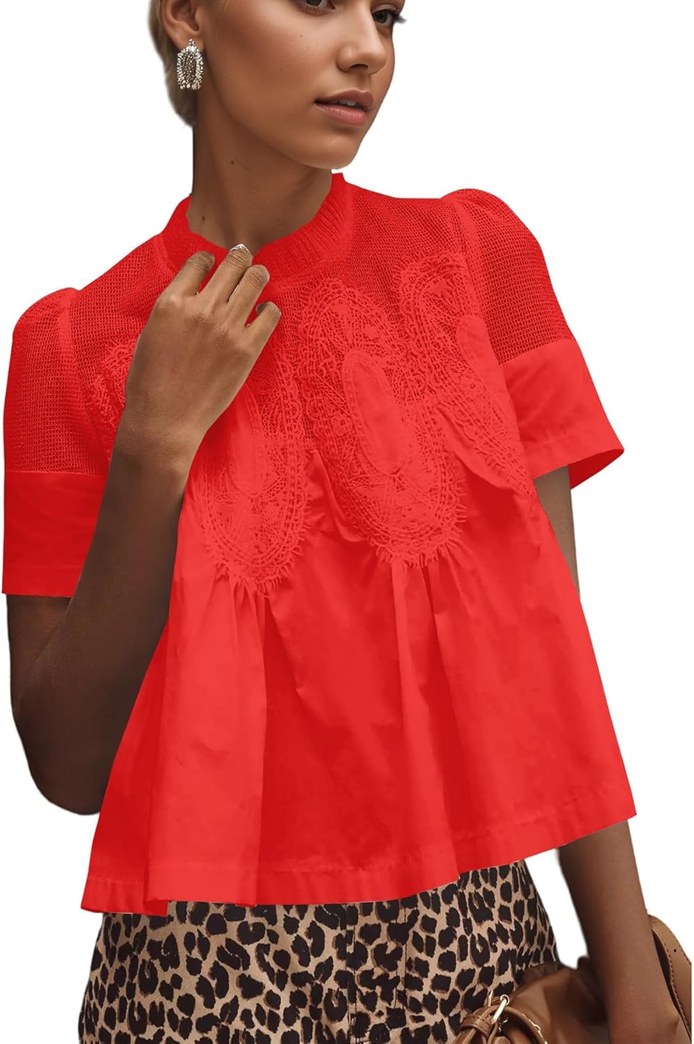 Women Swing Lace Blouse Summer Mock Neck Puff Short Sleeve Mesh Tops See Through A-Line Pleated Shirts Babydoll Top