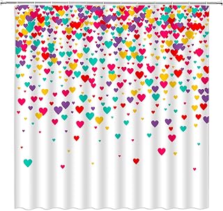 Heart Shower Curtain Valentines Falling Heart Sweet Love Romantic Couple Polyester Bathroom Decor Curtain with Hook,Red Yellow Teal